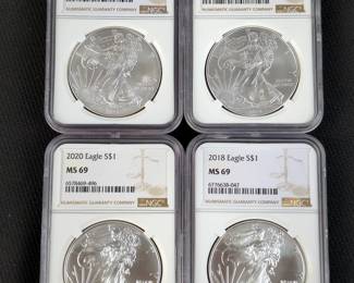 2013, 2016, 2018, And 2020 American Eagle $1 Silver Coins, Each Is 1 oz. Fine Silver And Graded MS69 By NGC