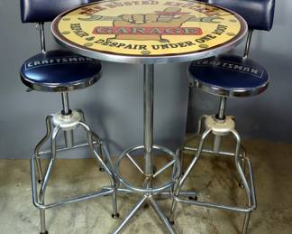 Busted Knuckle Garage Metal Framed Pub Table, 42" x 30" Dia And Craftsman Adjustable Height Chairs With Padded Seats and Back, Qty 2