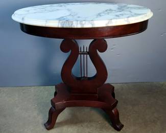 Victorian Style Oval Marble Top Accent Table On Lyre/Harp Base, Approx 28.5" x 29" x 19.5"