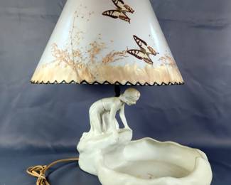 Van Briggle "Lady Of The Lake" Art Pottery Lamp With Butterfly Shade, Approx 21.5" x 15" x 15", Powers On 