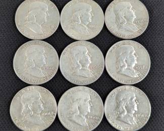 Silver Franklin Half Dollars, Qty 9, Years Range 1957-1963