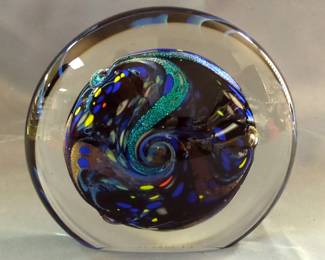 Rollin Karg Dichroic Art Glass Signed Sculpture Paperweight, Approx 7.5" x 8" x 3"
