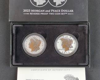 2023 Morgan And Peace Dollar Reverse Proof Two-Coin Set, Each Is 99.9% Silver, 0.859 Troy Oz., With COA, In Display Box 