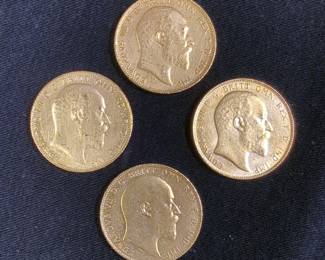 1907, 1908, And 1910 King Edward VII Gold Sovereign Coins Fineness 916.7 Pure Gold Content 7.3224 Grams Each Qty 4