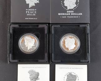 2023 S Morgan Dollar And 2023 S Peace Dollar, Both 99.9% Silver Proofs, Silver Weight 0.859 Troy Oz. Each, Both With COAs, In Display Boxes 