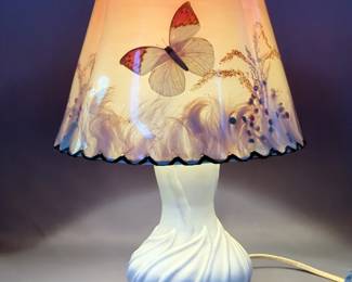 Vintage Van Briggle Art Pottery Lamp With Butterfly Shade, 13" x 10", Powers On
