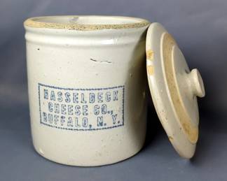 Hasselbeck Cheese Co. Stoneware Lidded Crock, Approx 7" x 6.75"