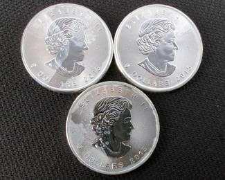 2015 Canada $5 Maple Leaf Silver Coins, Qty 3, Each Is 1 oz .9999 Fine Silver