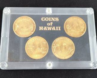 Gold Plated Hawaiian Token Souvenirs, Qty 4, In Display Case