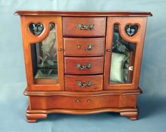 Wooden Jewelry Armoire With Etched Glass, Approx 12" x 8" x 5" 