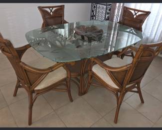 Very Nice Rattan Dinette with Etched Glass Top Table  