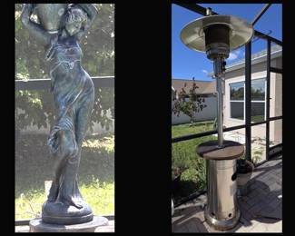Tall Lady with Pail Statue and Outdoor Heater  