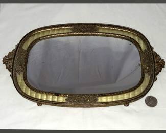 Antique Brass and  Guilloché Mirrored Vanity Tray