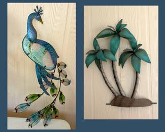 Metal Peacock and Palm Tree Sculptures