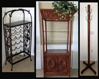 Heavy Cast Iron and Marble Wine Rack, Wicker Display Stand and Coat Rack