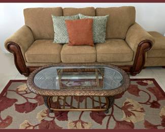 Comfy Sofa and Ottoman, Rattan Coffee Table and Pretty Area Rug