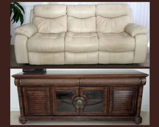 Double Recling Sofa that has a matching Love Seat and Cindy Crawford Home  Credenza