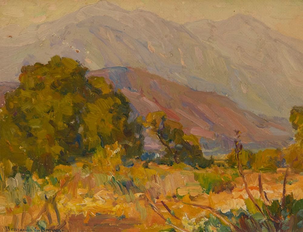 1001 Benjamin Chambers Brown (1865-1942) "Near Monrovia Calif." Oil on canvasboard Signed lower left: Benjamin C. Brown; signed again, titled and inscribed in ink, verso: "near Monrovia, Calif. / Painted by Benjamin C. Brown / California / (Au 4)" 11" H x 14" W Estimate: $3,000 - $5,000