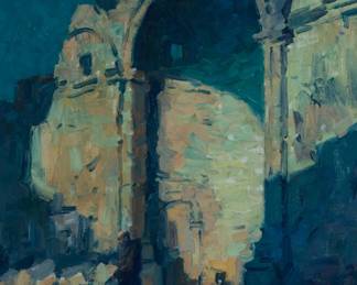 1154 Joe Duncan Gleason (1881-1959) "The Hand of Time - Capistrano Mission" Oil on canvas laid to canvas Signed lower right: Duncan Gleason; titled on a typed label affixed verso 24" H x 20" W Estimate: $2,500 - $3,500