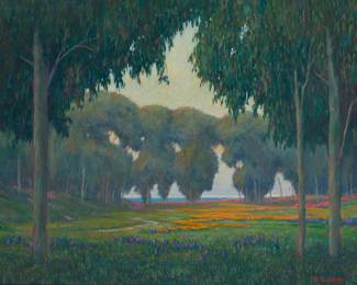 1016 William Dorsey (1942-2019) A tree-lined wildflower landscape Oil on canvas Signed lower right: Wm. Dorsey 24" H x 30" W Estimate: $1,500 - $2,000