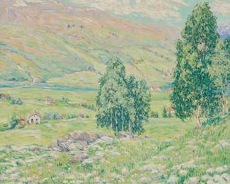 1098 William Henry Singer Jr. (1868-1943) "A Bit of River and Fjord," 1920 Oil on canvas Signed lower right: W.H. Singer Jr; titled in English and Norwegian and dated in pencil verso and again in pencil on the stretcher: "1920" and "20." respectively 40" H x 41.5" W Estimate: $4,000 - $6,000