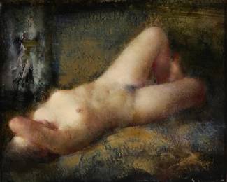 1042 Grigory Gluckmann (1898-1973) "Moment of Relaxation" Oil on panel With the incised signature lower right: Gluckmann; titled on two a gallery labels affixed to the frame's verso 9" H x 10.5" W Estimate: $3,000 - $5,000