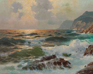 1211 Alexander Dzigurski (1911-1995) "Central Coast, California" Oil on canvas Signed lower right: A. Dzigurski; titled on a gallery label affixed to the frame's verso 24.25" H x 36.25" W Estimate: $1,000 - $1,500