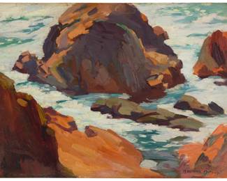 1079 Mary DeNeale Morgan (1868-1948) "Morning Light Rocks" Oil on canvas laid to artist's board Signed lower right: M. DeNeale Morgan; titled and inscribed "No. 47" in pencil, verso 12" H x 16" W Estimate: $2,500 - $3,500