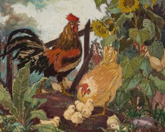 1012 Jessie Arms Botke (1883-1971) Rooster, hen and brood in a garden, circa 1936 Gouache with touches of graphite on speckled gray paper Signed lower right: Jessie Arms Botke; faint and partially indistinct pencil notations on the verso of the original frame's backing board suggest that the work was likely created before the autumn of 1936 Image: 5.625" H x 7.375" W; Sheet: 8.125" H x 10.125" W Estimate: $2,000 - $3,000