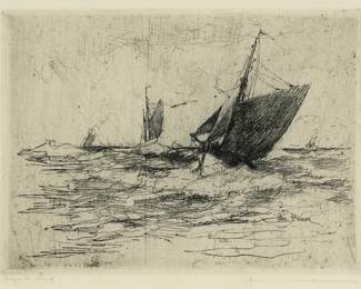 1084 Armin Carl Hansen (1886-1957) "Before the Wind," circa 1913 Etching in black ink on off-white paper From the edition of unknown but presumably small size, only 6 impressions were located by White; first (only) state Signed and titled in pencil in the lower margin: Armin Hansen; signed again in the plate at lower right Plate: 4.875" H x 6.5" W; Sight: 5.25" H x 7" W Estimate: $500 - $700
