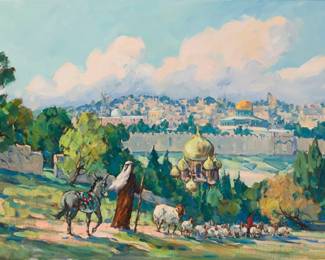 1153 Marjorie Reed 1915-1996 "Beautiful Palestine - Jerusalem" Oil on canvas Signed lower right: Marjorie Reed; signed again and titled on a label affixed to the stretcher 24" H x 48" W Estimate: $3,000 - $5,000