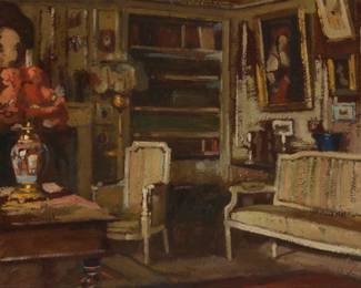 1063 Alson Skinner Clark (1876-1949) "Bureau au vase fleuri" Oil on board Signed and inscribed, very delicately and partially indistinct, lower right: Mon Cher (or Amour) M. Deitailles (?) / **** / Alson S. Clark; titled by repute; extensively inscribed with information about the artist, in French in another hand, verso 10.5" H x 13.5" W Estimate: $800 - $1,200