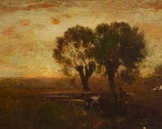 1166 In the Style of George Inness (1825-1894) Barbizon sunset landscape Oil on canvas laid to canvas Bears signature lower left: G. Inness 28" H x 50" W Estimate: $3,000 - $5,000