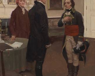 1161 Howard Pyle (1853-1911) "Citizen Genet Formally Presented to Washington," illustration for "Harper's Magazine," 1896 Oil on board Signed lower right: Pyle; titled on the frame plaque; inscribed partially indistinctly in pencil, presumably in another hand, verso: "Nov.13/96 / Proof Nov.20/96" Sight: 17" H x 11.5" W; Board: 18" H x 12" W Estimate: $8,000 - $12,000