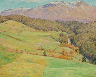 1096 William Henry Singer Jr. (1868-1943) "Highland Farms No. 1," 1915 Oil on canvas Signed and dated lower left: W.H. Singer Jr. / -1915-; signed again, titled, and inscribed faintly in pencil, verso: "Highland Farms No. 1 / Tydalen Norway / W.H. Singer Jr"; inscribed in pencil on the stretcher: "Boerdergen in Bergen. 1912." [roughly translates to Farms in Bergan]; signed, titled, and inscribed again on a partial exhibition label affixed to the stretcher 39.75" H x 41.25" W Estimate: $4,000 - $6,000