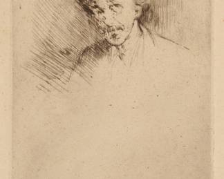 1066 James McNeill Whistler (1834-1903) "Whistler with the White Lock," 1876-79 Etching and drypoint on off-white laid paper From the edition of unknown size, of which 34 are known; first (only) state Unsigned, as issued Plate: 4.625" H x 3.125" W; Sheet: 8.5" H x 6.5" W Estimate: $1,800 - $2,200