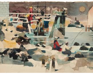 1195 Dong Moy Chu Kingman (1911-2000) San Francisco Bay scene with Alcatraz Island Watercolor on paper Signed lower right: Kingman; numbered in pencil, verso "73" Sheet: 14.25" H x 22.25" W Estimate: $800 - $1,200