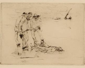 1125 Armin Carl Hansen (1886-1957) "On the Shining Sand," 1933 Drypoint on paper From the edition of unknown but presumably small size, only 19 impressions were located by White; first (only) state Unsigned Plate: 3" H x 4" W; Sight: 3.25" H x 4.25" W Estimate: $300 - $500