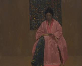 1114 Arthur Frank Mathews (1860-1945) "Portrait of Lucia Mathews in Pink Robe" Oil on panel Unsigned; titled on a label affixed verso 17.5" H x 14.5" W Estimate: $10,000 - $15,000