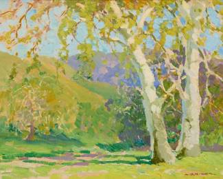 1020 Arthur Grover Rider (1886-1975) "Laguna Canyon" Oil on canvas laid to aluminum composite honeycomb panel Signed lower right: A.G. Rider; titled on a label affixed verso 12" H x 15" W Estimate: $4,000 - $6,000