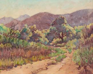 1021 Charles Arthur Fries (1854-1940) "The Abandoned Road," 1931 Oil on canvas Signed lower left: C.A. Fries; titled, dated, and inscribed in ink verso: "May 1931 / #1472 / 1 Mile East / of Muzzy [sic] Grade" 20" H x 24" W Estimate: $4,000 - $6,000
