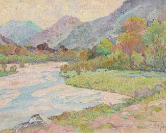 1136 Charles Arthur Fries (1854-1940) "San Diego River at El Monte Park," 1926 Oil on canvas Signed lower right: C.A. Fries; signed again, titled, dated, and numbered "#1237," all in ink, verso 8.875" H x 11.875" W Estimate: $1,500 - $2,500