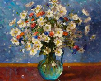 1039 Randall Lake (b. 1945) "The Cider Pitcher," 1987 Oil on canvas Signed, dated, and with the artist's red ink stamp lower left: R. Lake 1987; dated again and titled on the stretcher; with the artist's black ink studio and copyright stamps, verso 26" H x 26" W Estimate: $1,500 - $2,500