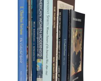 1215 A group of art books on women artists 1985-2017 Hardcover and softcover books Ten works:  "Botke-McComas-Seideneck," 1988 "Belle Baranceanu - A Retrospective," 1985 "Elsie Palmer Payne (1884-1971)," 1990 "Six Earl Women Artists: A Diversity of Style," 1991 "E. Charlton Fortune 1885-1969," 2001 "Out of the Shadow: Elsie Palmer Payne," 1987 "Independent Spirits: Women Painters of the American West, 1890-1945," 1995 "American Women Modernists: The Legacy of Robert Henri, 1910-1945," 2005 "The Journal of San Diego History Volume 40, Number 3: Modern Perspectives: Three Women Artists of the 1920s and 1930s," 1994 "E. Charlton Fortune: The Colorful Spirit," 2017  10 pieces Largest: 12.25" H x 11" W x 1.25" D Estimate: $200 - $400