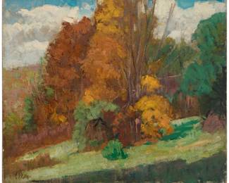 1176 Ernest David Roth (1879-1964) "A Windy Day - Connecticut Landscape" Oil on canvas mounted to panel Signed lower left: E.D. Roth; signed again, "Ernest D. Roth - N.A.," titled, and inscribed, all in ink on the verso of the panel 20.25" H x 24" W Estimate: $1,000 - $1,500