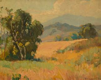 1002 Benjamin Chambers Brown (1865-1942) "The End of Summer, Near Ojai, California" Oil on canvasboard Signed lower right: Benjamin C. Brown; signed again, titled, and inscribed in ink, verso: "Near Ojai, California / Painting by Benjamin C. Brown / (Au 2)" 11.125" H x 14" W Estimate: $3,000 - $5,000