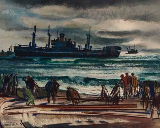 1207 Millard Owen Sheets (1907-1989) "Sea Operation," 1949 Watercolor on paper Signed and dated lower left: Millard Sheets 1949; titled and inscribed "77.04.15" in pencil, verso 21.5" H x 28.5" W Estimate: $3,000 - $5,000