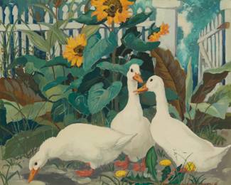 1011 Jessie Arms Botke (1883-1971) "Ducks" Oil on board Signed lower right: Jessie Arms Botke; signed again, titled, and inscribed "frame B," all in red pencil on the verso; inscribed in ink on a label affixed to the frame's backing paper: "for / Margaret Keller / with my love" 10" H x 12" W Estimate: $8,000 - $12,000