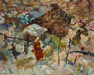 1118 John Edward Costigan (1888-1972) "Barnyard - Winter," 1949 Oil on Masonite Signed lower left: J. E. Costigan N.A.; signed again, titled, dated, and inscribed verso: "John E. Costigan / Orangeburg / New York / Painted 1949" 24" H x 30" W Estimate: $1,000 - $2,000