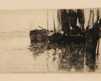 1086 Armin Carl Hansen (1886-1957) "Inland Water," 1936 Etching in black ink on cream paper From the edition of unknown but presumably small size, only 7 impressions were located by White; presumably first (only) state Signed and inscribed in pencil in the lower margin: Armin Hansen / imp.; signed again and dated "36" in the plate at lower left Plate: 3" H x 4.75" W; Sight: 3.75" H x 5.25" W Estimate: $600 - $800